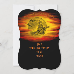 Flying witch with black cat , halloween night invitation