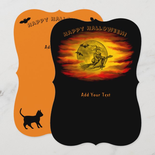 Flying witch with black cat , halloween night invitation (Front/Back)