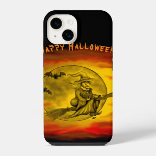 Flying witch with black cat , halloween night iPhone 14 case