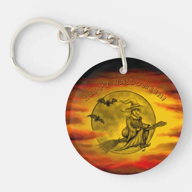 Flying witch with black cat , halloween night key ring (Front)