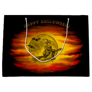 Flying witch with black cat , halloween night large gift bag