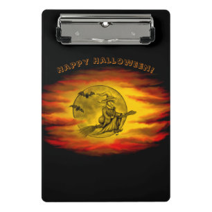 Flying witch with black cat , halloween night mini clipboard
