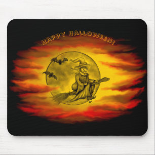 Flying witch with black cat , halloween night mouse pad