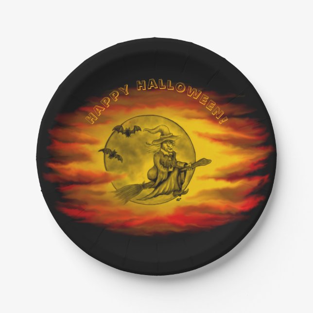 Flying witch with black cat , halloween night paper plate (Front)