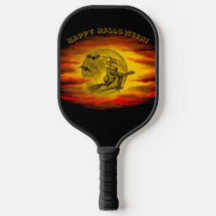 Flying witch with black cat , halloween night pickleball paddle