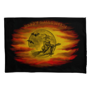 Flying witch with black cat , halloween night pillowcase