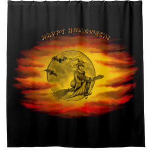 Flying witch with black cat , halloween night shower curtain