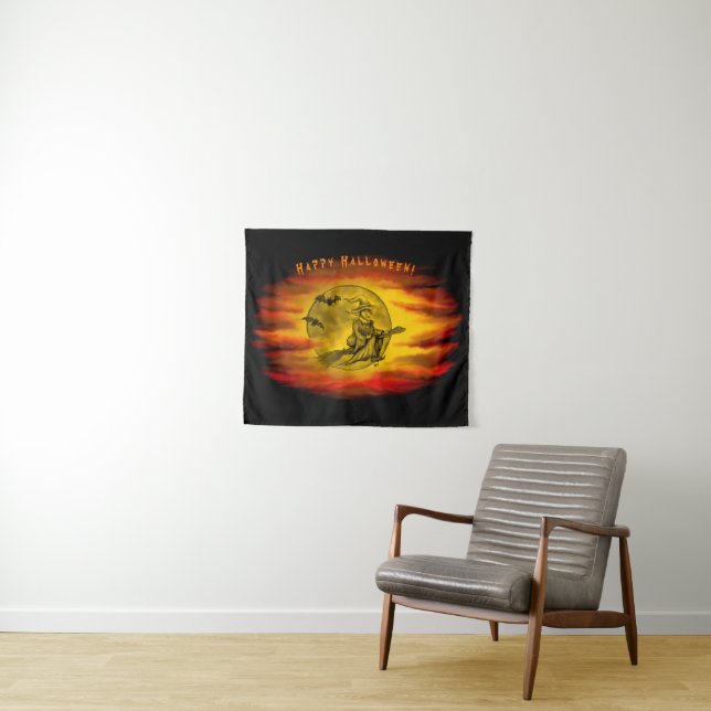 Flying witch with black cat , halloween night tapestry (In Situ (Horizontal))
