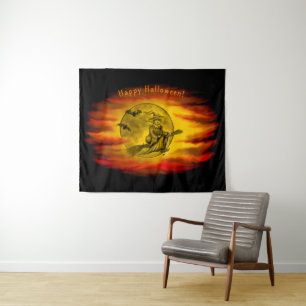 Flying witch with black cat , halloween night tapestry