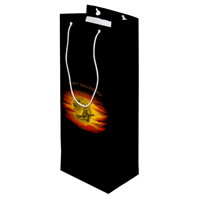 Flying witch with black cat , halloween night wine gift bag (Back Angled)