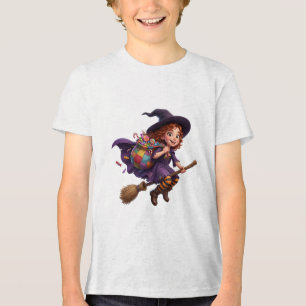 Flying Witch with Candy Bag Halloween Spooky Tri-Blend Shirt