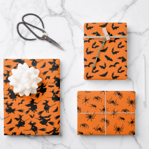 Flying Witches, Bats and Spiders Pattern Wrapping Paper Sheet