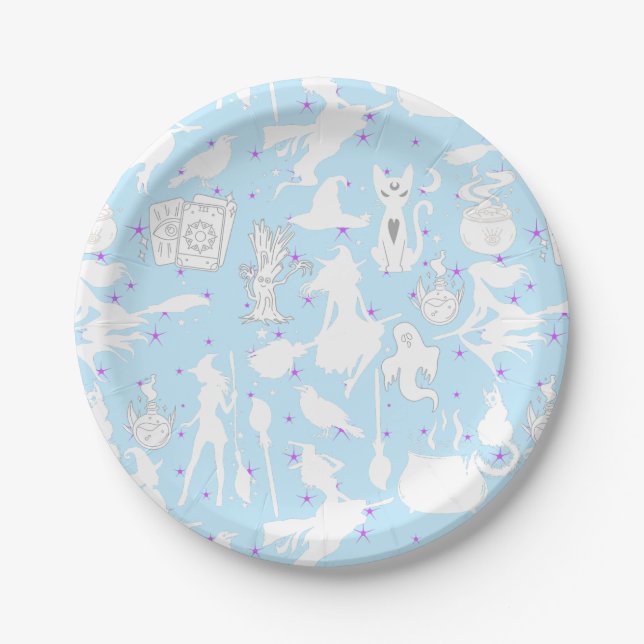 Flying witches pattern.White L Blue BG Paper Plate (Front)