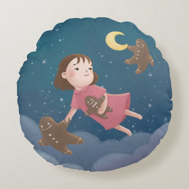 Flying with Gingerbread Cookies Dream Round Cushion (Front)