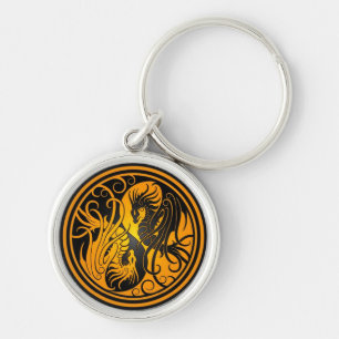 Flying Yin Yang Dragons - yellow and black Key Ring