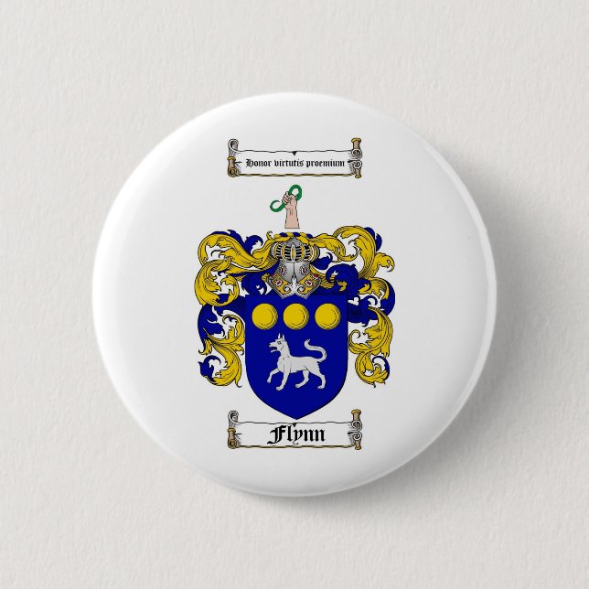 FLYNN FAMILY CREST -  FLYNN COAT OF ARMS 6 CM ROUND BADGE (Front)