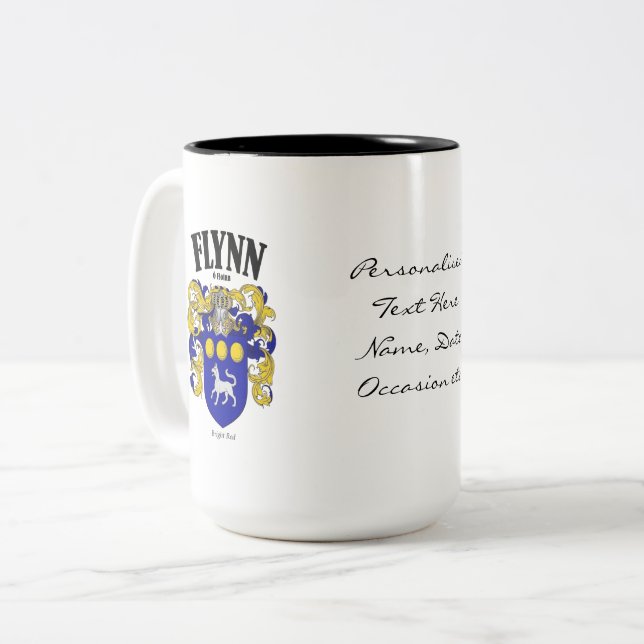 Flynn Family Crest, Translation & Meaning Two-Tone Coffee Mug (Front Left)