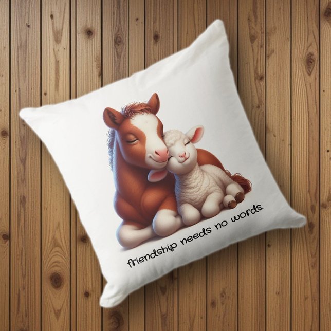 Foal & Lamb Best Friends Share a Touching Moment Cushion (Baby Horse and Sheep Cuddling Friendship Needs No Words Throw Pillow Cover Photo)