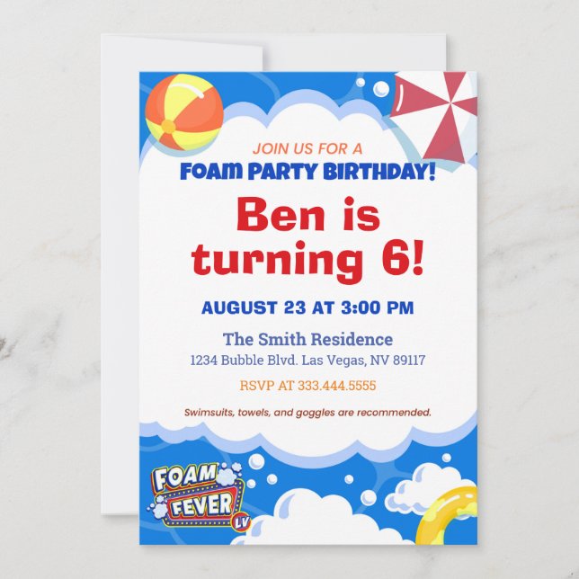 Foam Fever Las Vegas Birthday Party Invitation (Front)