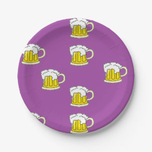 Foaming beer cup on purple paper plate
