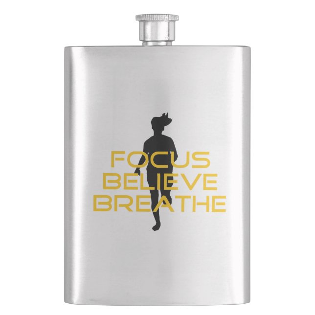 Focus Believe Breathe Yellow Running Fitness Hip Flask (Front)