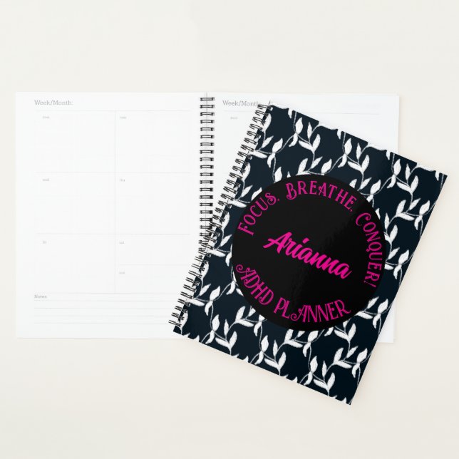 Focus, Breathe, Conquer ADHD| Black,White, Pink Planner (Display)