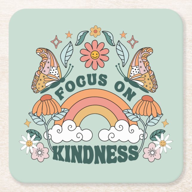 Focus on Kindness Groovy Graphic Square Paper Coaster (Front)