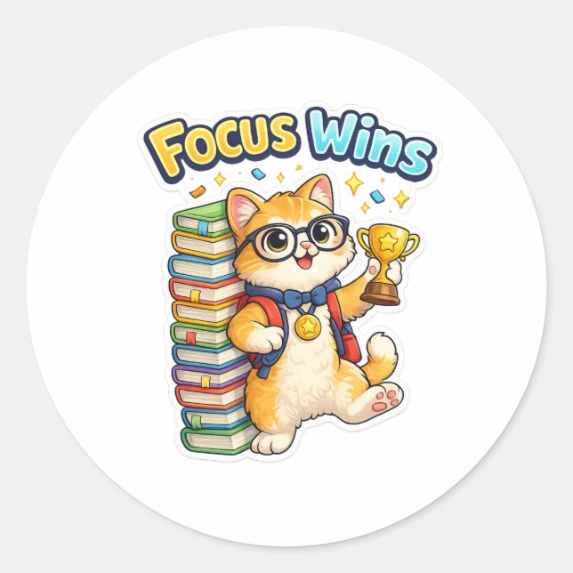 Focus Wins Cute Study Cat Sticker (Front)