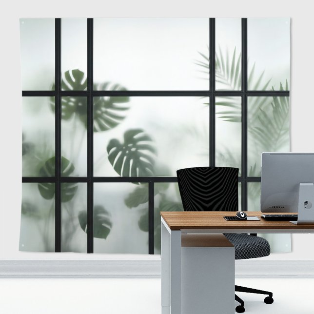 Fog Aesthetic Frosted Glass Plant Divider Backdrop Tapestry (Elegant frosted glass divider with plants photographic backdrop and tapestry for zoom calls.)