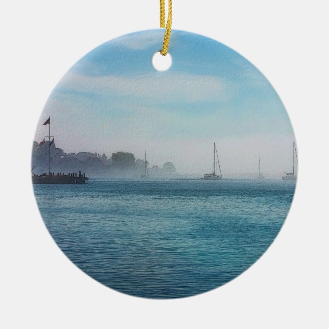 Fog At Mackinac Harbour Ceramic Tree Decoration (Front)