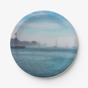 Fog At Mackinac Harbour Paper Plate