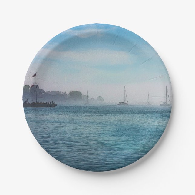 Fog At Mackinac Harbour Paper Plate (Front)