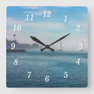 Fog At Mackinac Harbour Wall Clock