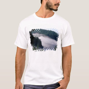 Fog drifts under the Deception Pass bridge at T-Shirt