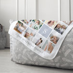 Fog Grey Monogram Photo Collage<br><div class="desc">Customise this soft sherpa blanket with 16 square photos arranged in a grid collage layout, with one large image and the remainder small. Your single initial monogram appears on a light grey square at the lower right. Add your family name or custom caption along the bottom in chic grey lettering....</div>