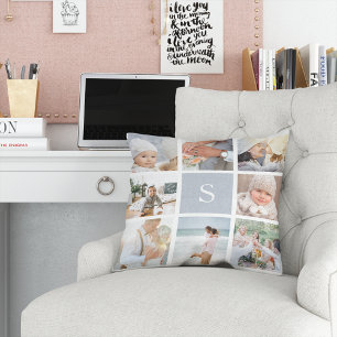 Fog Grey Monogram Photo Collage Cushion