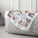 Fog Grey Monogram Photo Collage Sherpa Blanket<br><div class="desc">Customise this soft sherpa blanket with 16 square photos arranged in a grid collage layout, with one large image and the remainder small. Your single initial monogram appears on a light grey square at the lower right. Add your family name or custom caption along the bottom in chic grey lettering....</div>