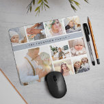 Fog Grey Stripe Photo Collage Mouse Pad<br><div class="desc">Chic photo collage mousepad displays nine favourite photos in a square format,  with your family name,  business name or choice of personalisation displayed on a thin band of fog grey.</div>