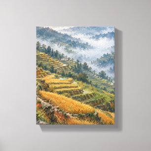 Fog Lifting over Ochre Rice Terraces - Mountain La Canvas Print
