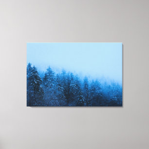 Fog over snow covered forest at lake Bohinj, Slove Canvas Print