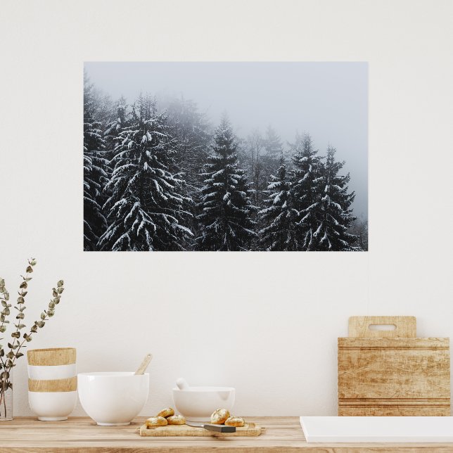 Fog over snow covered spruce forest in winter poster (Kitchen)