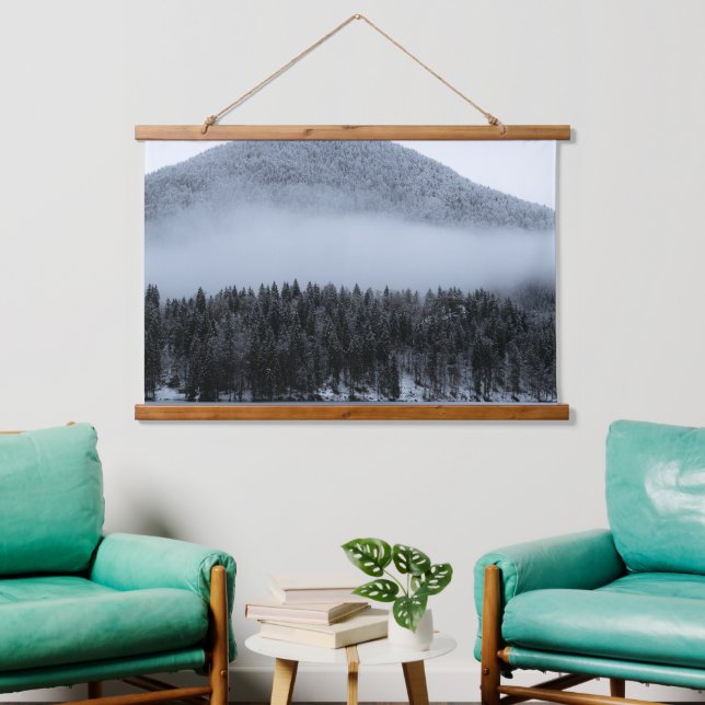 Fog rolling over spruce forest hanging tapestry (Living Room)