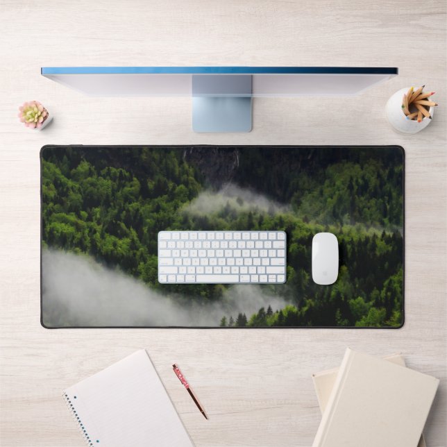 Fog rolling through forest below mountains desk mat (Office 1)