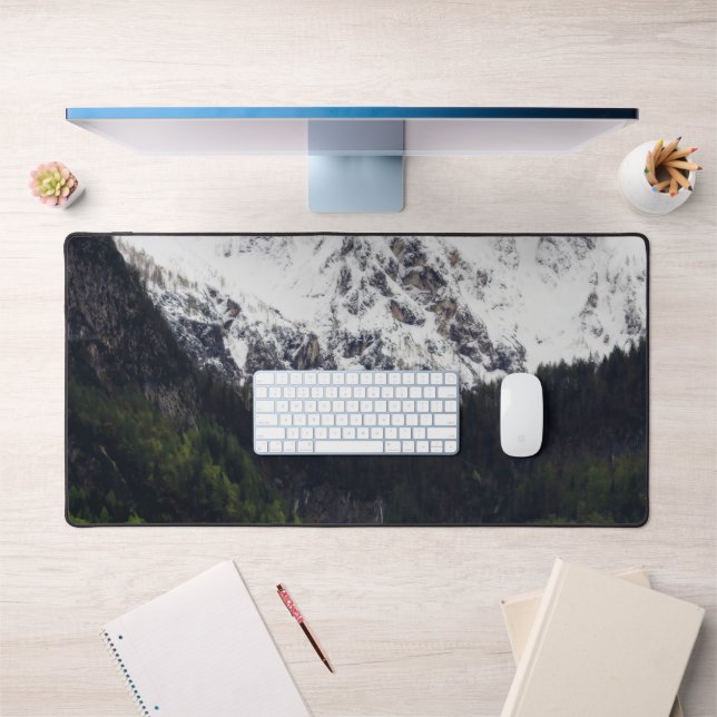 Fog rolling through forest below mountains desk mat (Office 1)