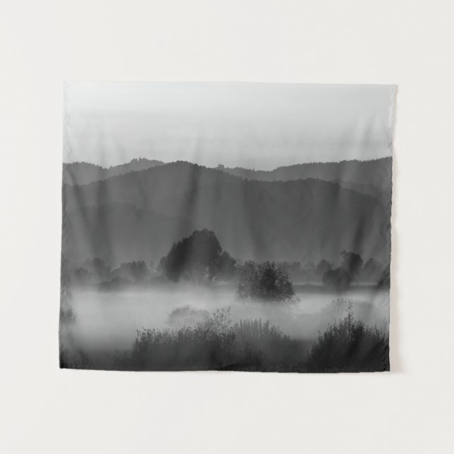 Fog rolling through valley in black and white tapestry (Front (Horizontal))