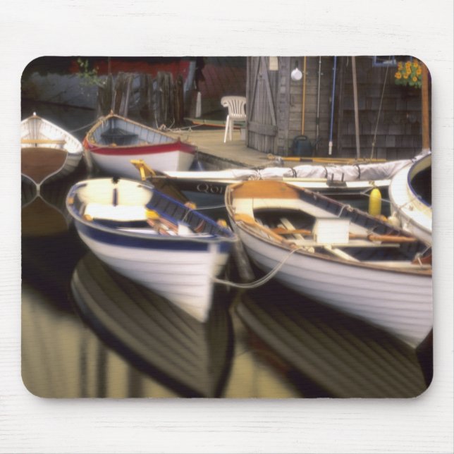 Fog surrounds four boats docked. mouse pad (Front)