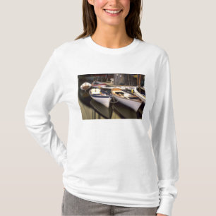 Fog surrounds four boats docked. T-Shirt