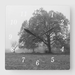 Foggy Autumn Morning Grayscale Wall Clock