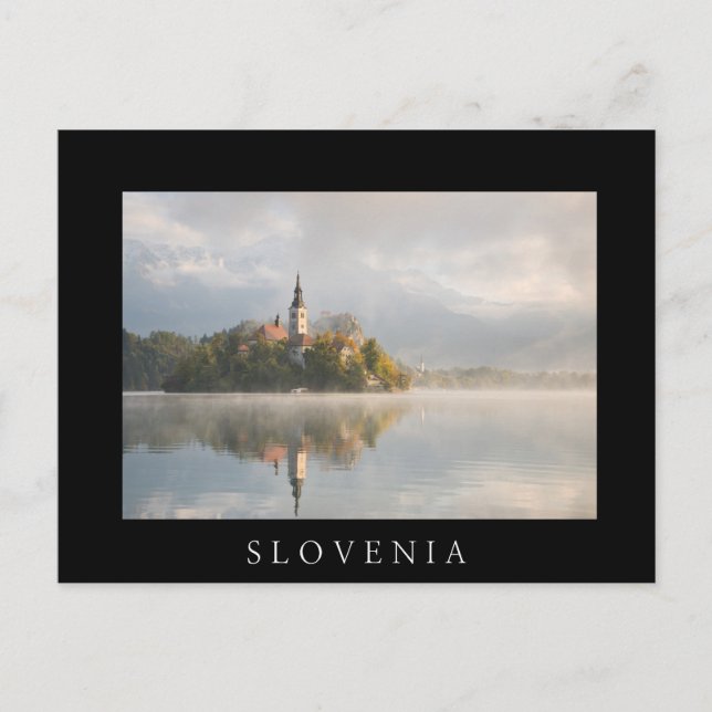 Foggy Bled Lake sunrise black postcard (Front)