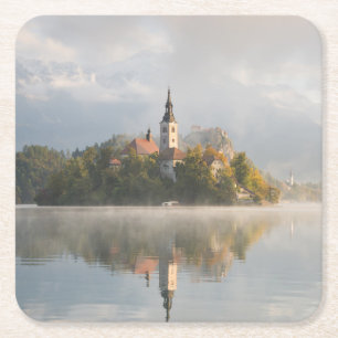 Foggy Bled Lake sunrise coaster